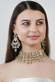 Gold Finish Kundan Polki & Green Stone Choker Necklace Set