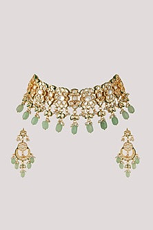 Gold Finish Kundan Polki & Green Stone Choker Necklace Set