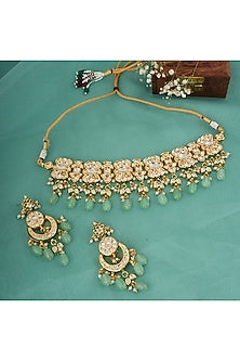 Gold Finish Kundan Polki & Green Stone Choker Necklace Set