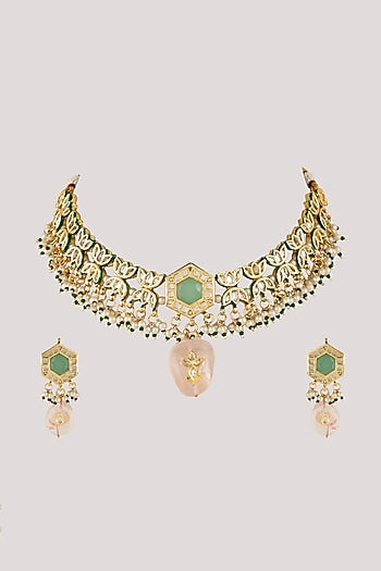 Gold Finish Kundan Polki & Multi-Colored Stone Choker Necklace Set