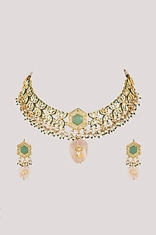 Gold Finish Kundan Polki & Multi-Colored Stone Choker Necklace Set