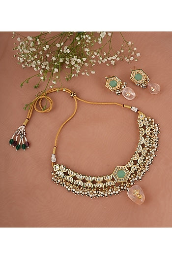 Gold Finish Kundan Polki & Multi-Colored Stone Choker Necklace Set