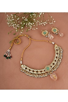 Gold Finish Kundan Polki & Multi-Colored Stone Choker Necklace Set