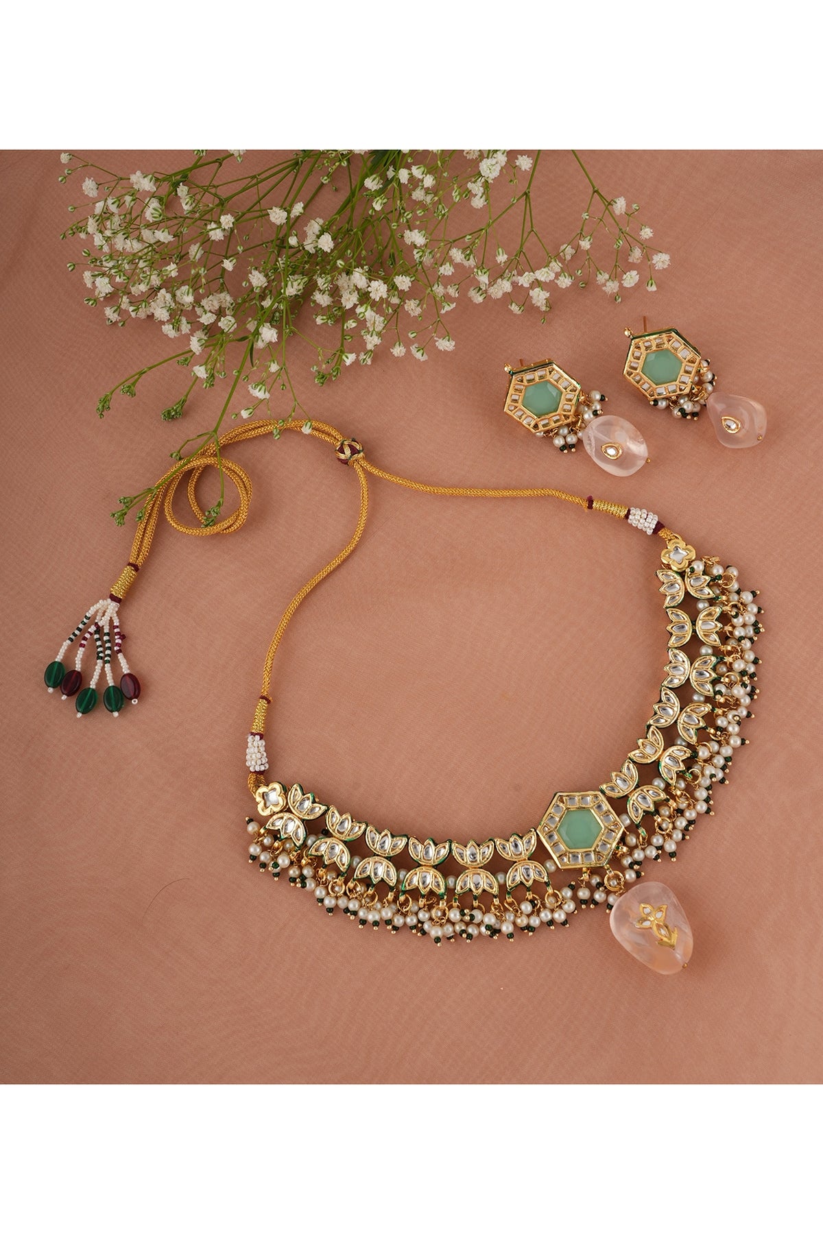 Gold Finish Kundan Polki & Multi-Colored Stone Choker Necklace Set