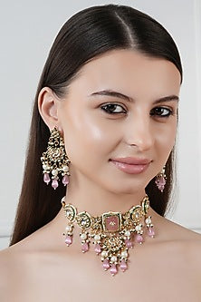 Gold Finish Kundan Polki & Pink Stone Choker Necklace Set