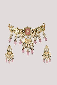 Gold Finish Kundan Polki & Pink Stone Choker Necklace Set