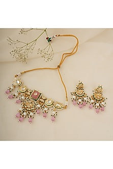 Gold Finish Kundan Polki & Pink Stone Choker Necklace Set