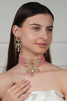 Gold Finish Kundan Polki & Pink Stone Choker Necklace Set