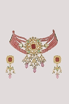 Gold Finish Kundan Polki & Pink Stone Choker Necklace Set