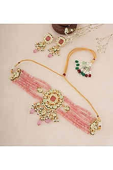 Gold Finish Kundan Polki & Pink Stone Choker Necklace Set