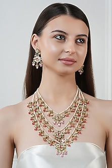 Gold Finish Kundan Polki & Pink Stone Long Necklace Set