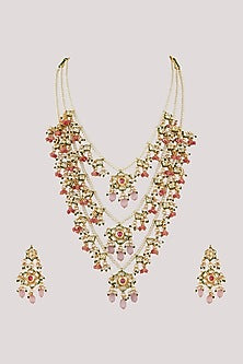 Gold Finish Kundan Polki & Pink Stone Long Necklace Set