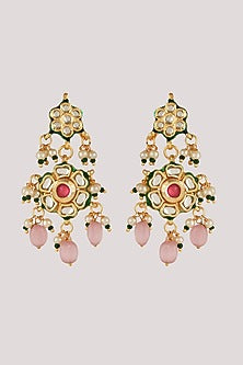Gold Finish Kundan Polki & Pink Stone Long Necklace Set