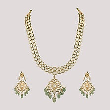 Gold Finish Kundan Polki & Green Stone Long Necklace Set