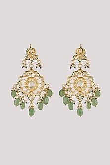 Gold Finish Kundan Polki & Green Stone Long Necklace Set