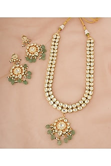 Gold Finish Kundan Polki & Green Stone Long Necklace Set