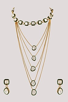 Gold Finish Kundan Polki & Green Stone Long Necklace Set