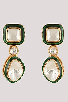Gold Finish Kundan Polki & Green Stone Long Necklace Set