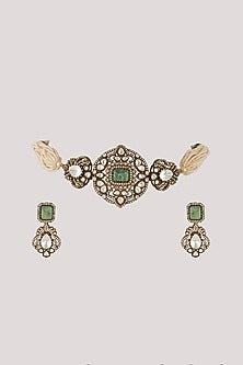 Gold Finish Kundan Polki & Green Stone Choker Necklace Set