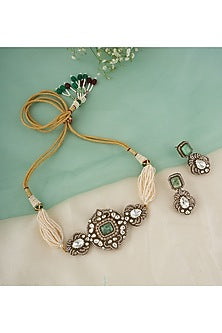 Gold Finish Kundan Polki & Green Stone Choker Necklace Set