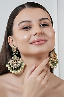 Gold Finish Kundan Polki & Green Stone Chandbali Earrings