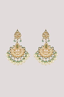 Gold Finish Kundan Polki & Green Stone Chandbali Earrings