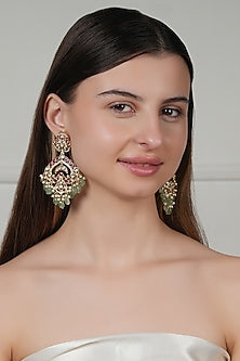 Gold Finish Kundan Polki & Pink Stone Dangler Earrings