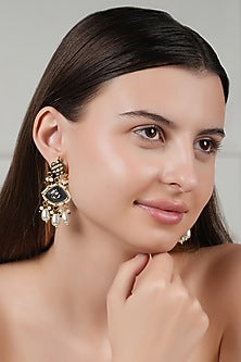 Gold Finish Kundan Polki & Blue Stone Dangler Earrings