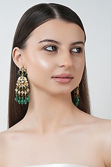 Gold Finish Kundan Polki & Green Stone Dangler Earrings