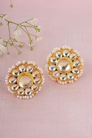 Gold Finish Kundan Polki Stud Earrings