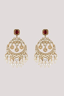 Gold Finish Kundan Polki & Red Stone Dangler Earrings