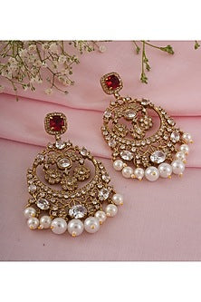 Gold Finish Kundan Polki & Red Stone Dangler Earrings