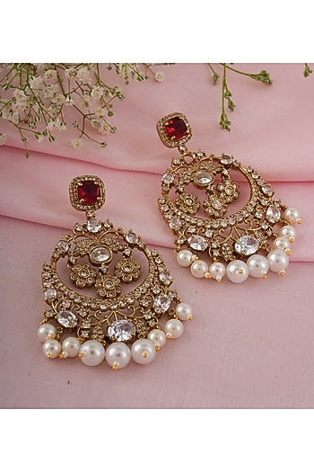 Gold Finish Kundan Polki & Red Stone Dangler Earrings
