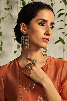 Antique Gold Finish Hand Embroidered Dangler Earrings