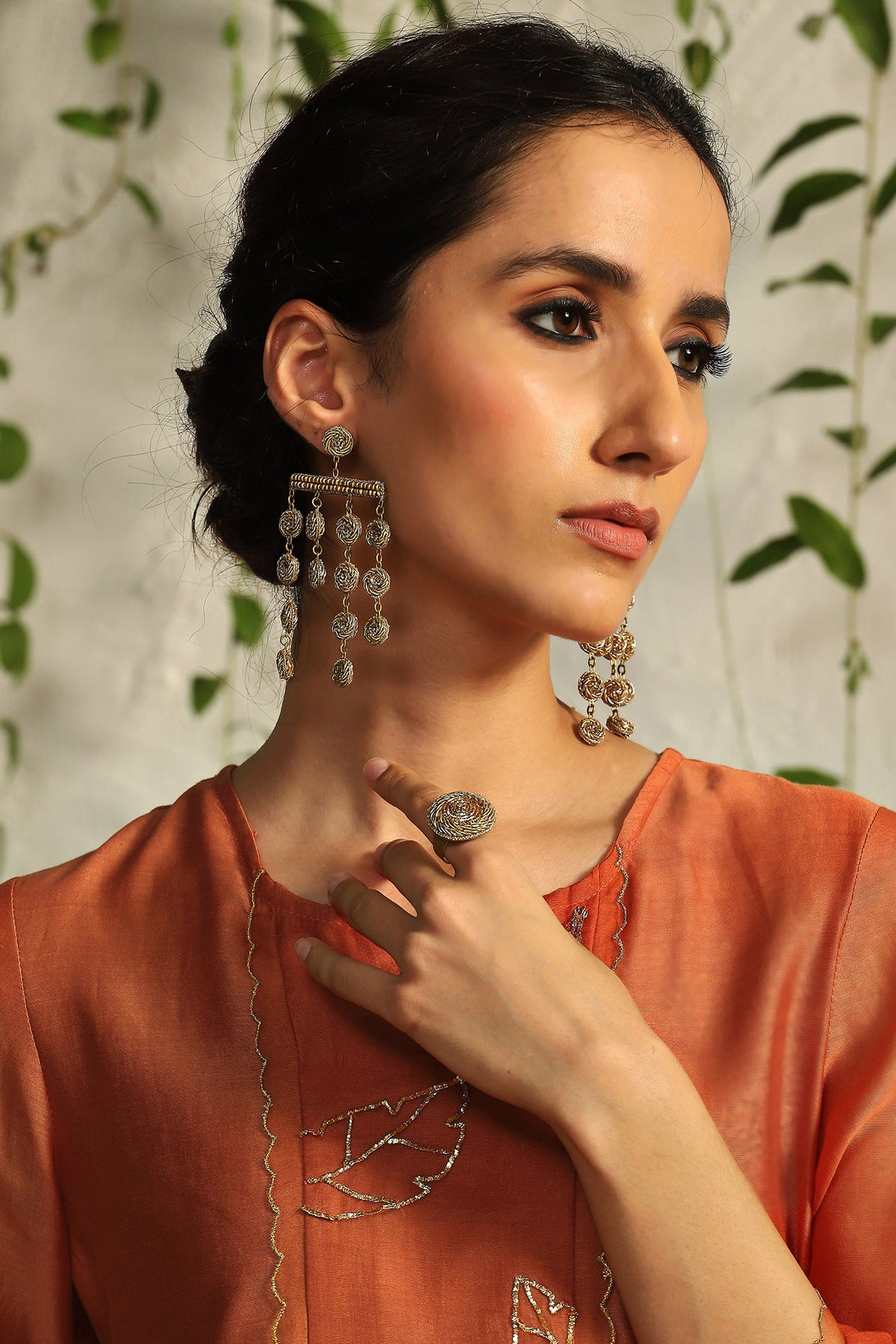 Antique Gold Finish Hand Embroidered Dangler Earrings