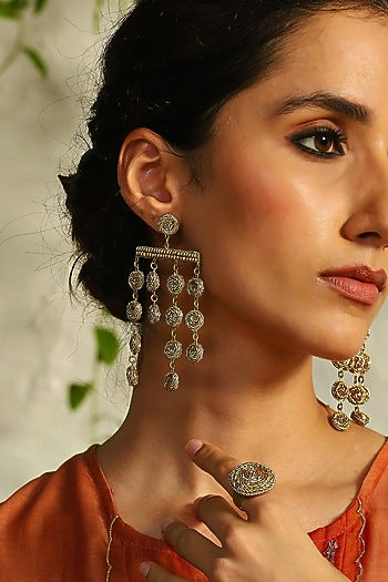 Antique Gold Finish Hand Embroidered Dangler Earrings