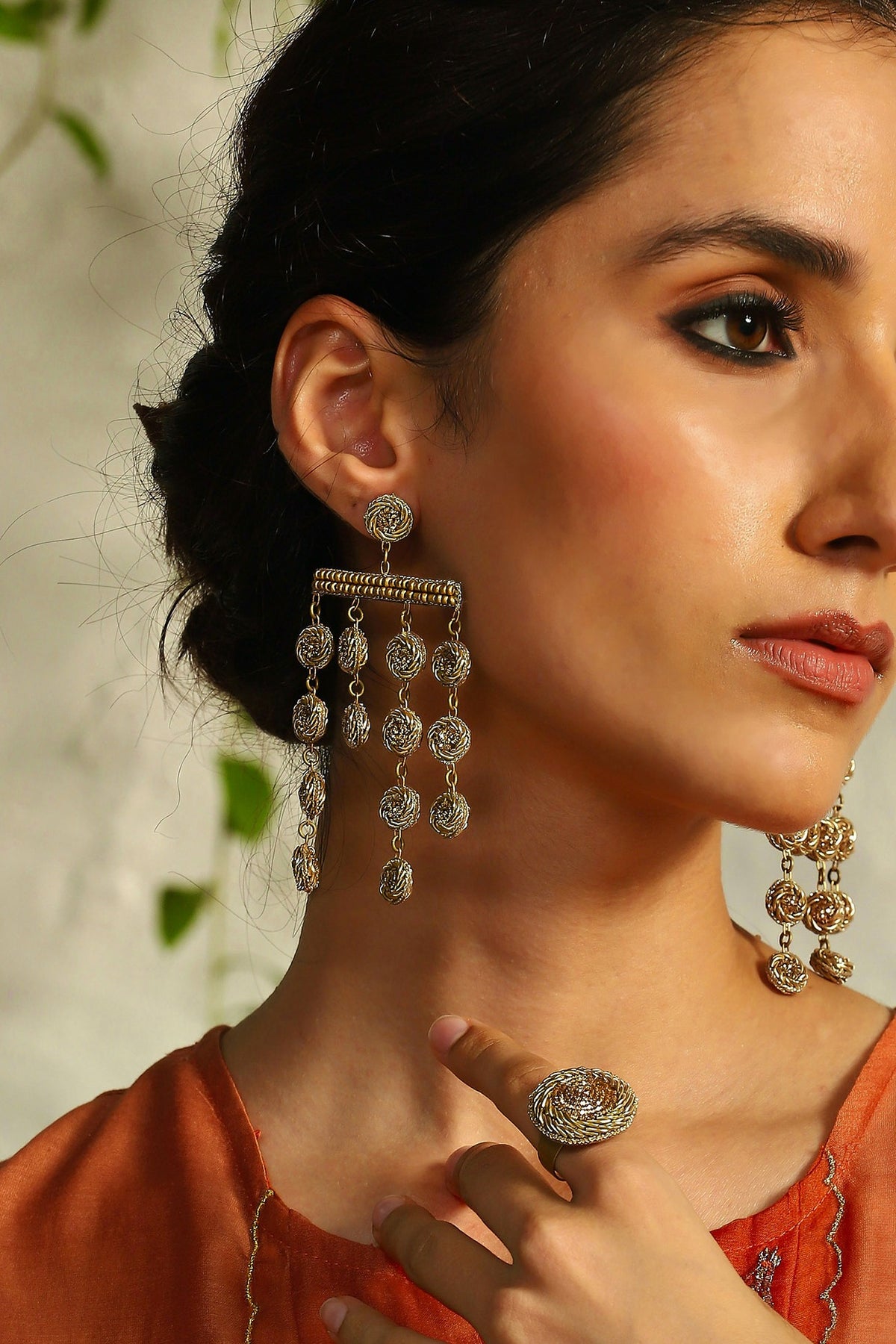 Antique Gold Finish Hand Embroidered Dangler Earrings