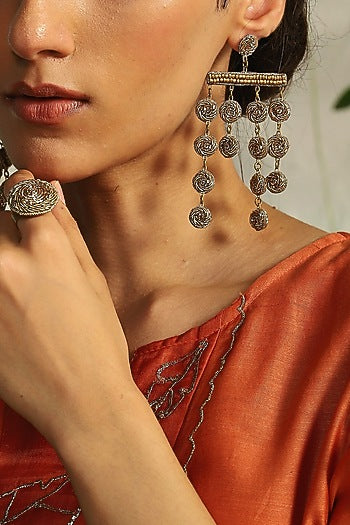 Antique Gold Finish Hand Embroidered Dangler Earrings