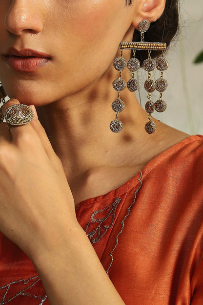 Antique Gold Finish Hand Embroidered Dangler Earrings