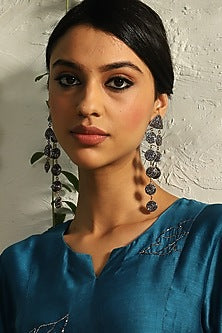 Silver Finish Hand Embroidered Dangler Earrings