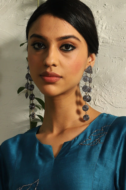 Silver Finish Hand Embroidered Dangler Earrings