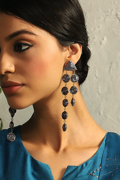 Silver Finish Hand Embroidered Dangler Earrings