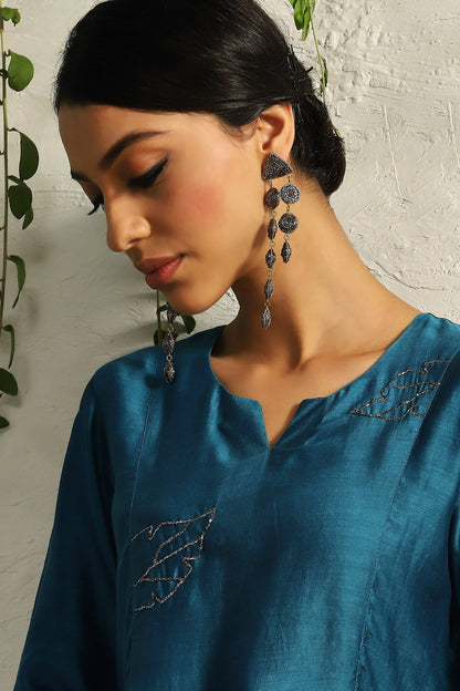 Silver Finish Hand Embroidered Dangler Earrings