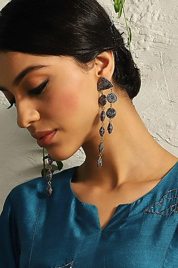 Silver Finish Hand Embroidered Dangler Earrings