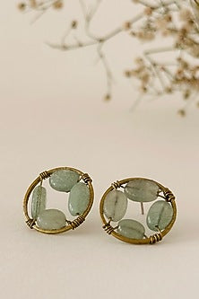 Gold Finish Beads & Aqua Green Synthetic Stone Handcrafted Stud Earrings