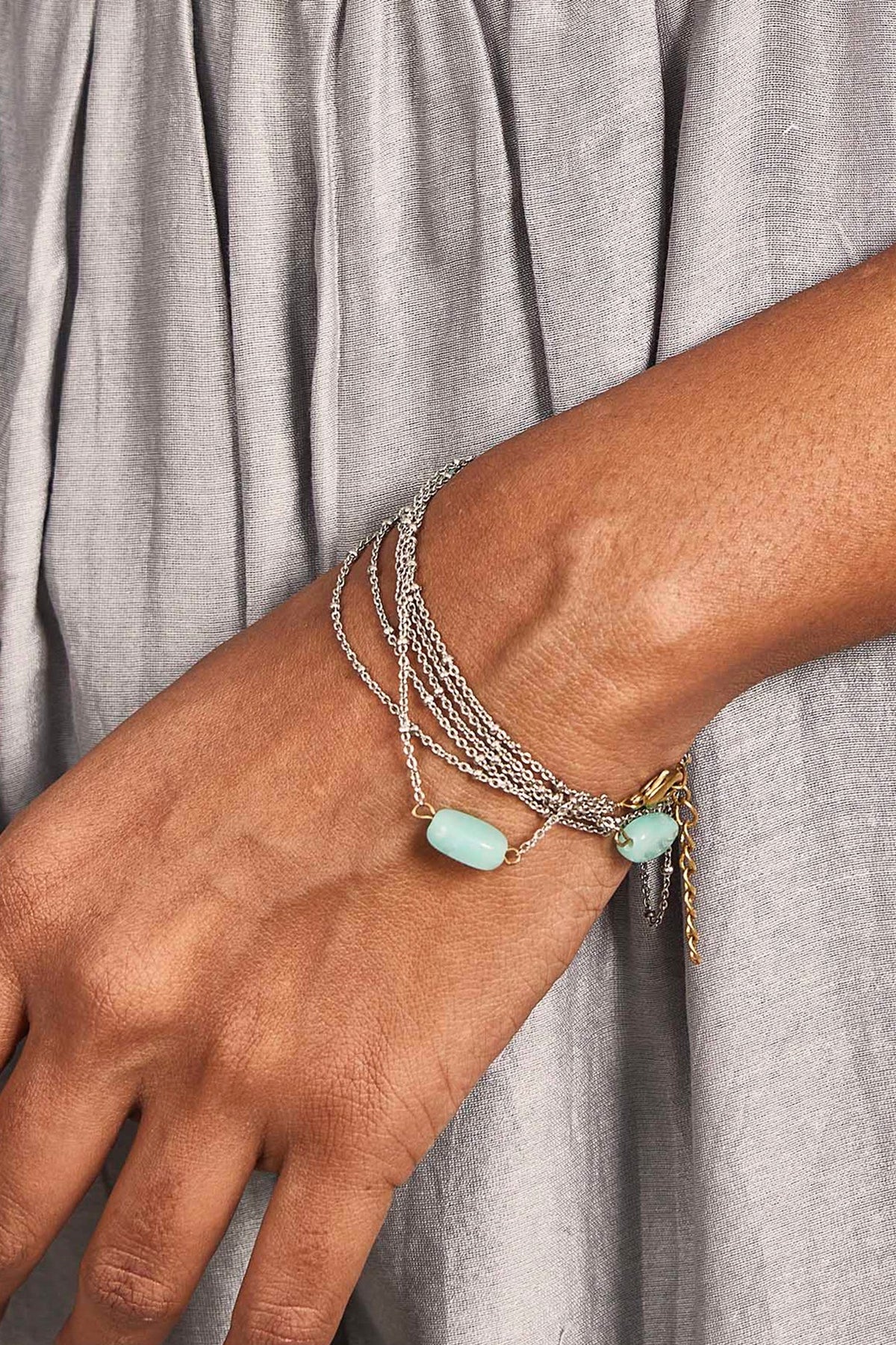 Antique Silver Finish Beads & Synthetic Stone Handcrafted Openable Bracelet