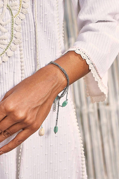 Antique Silver Finish Beads & Synthetic Stone Handcrafted Openable Bracelet