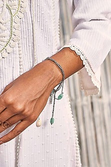 Antique Silver Finish Beads & Synthetic Stone Handcrafted Openable Bracelet