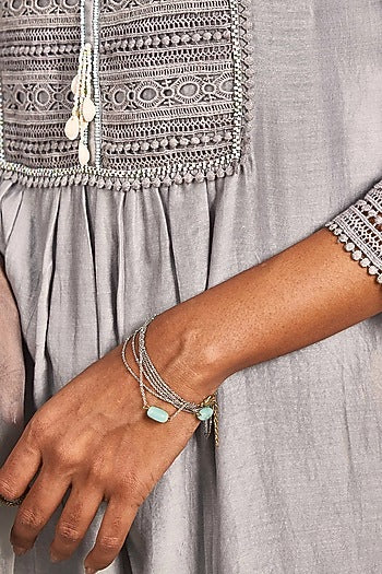 Antique Silver Finish Beads & Synthetic Stone Handcrafted Openable Bracelet