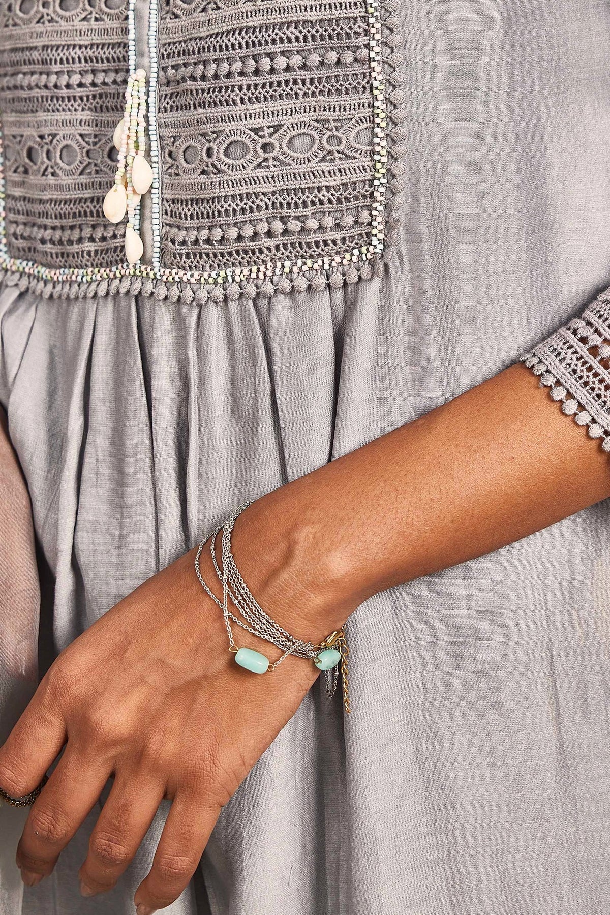 Antique Silver Finish Beads & Synthetic Stone Handcrafted Openable Bracelet